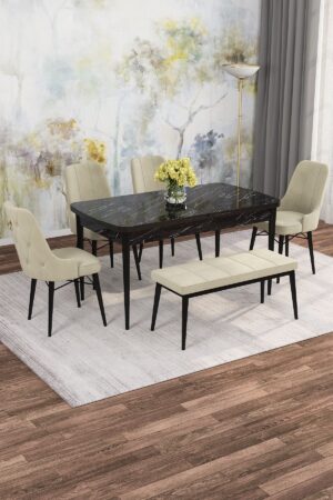 Monaa Serisi Siyah Mermer 80x132 Açılabilir Benchli Mdf Mutfak Masası Takımı Kafesli 4 Adet Sandalye