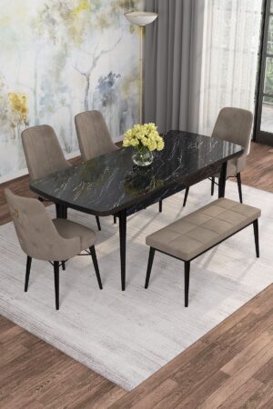 Monaa Serisi Siyah Mermer 80x132 Açılabilir Benchli Mdf Mutfak Masası Takımı Kafesli 4 Adet Sandalye