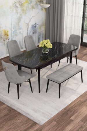 Monaa Serisi Siyah Mermer 80x132 Açılabilir Benchli Mdf Mutfak Masası Takımı Kafesli 4 Adet Sandalye