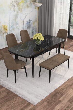 Monaa Serisi Siyah Mermer 80x132 Açılabilir Benchli Mdf Mutfak Masası Takımı Kafesli 4 Adet Sandalye