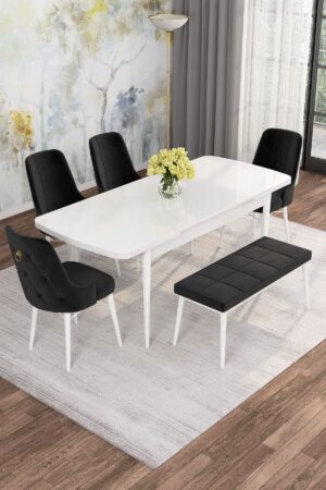 Monaa Serisi Beyaz 80x132 Açılabilir Benchli Mdf Mutfak Masası Takımı 4 Adet Sandalye