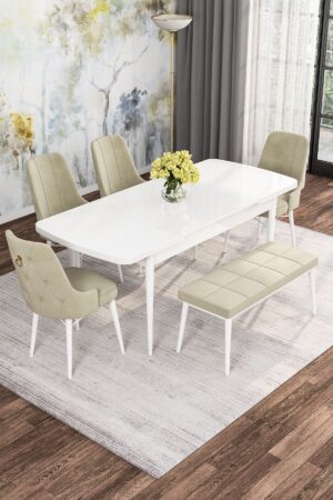 Monaa Serisi Beyaz 80x132 Açılabilir Benchli Mdf Mutfak Masası Takımı Aparatlı 4 Adet Sandalye