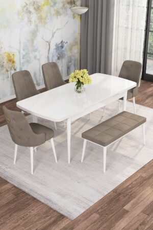 Monaa Serisi Beyaz 80x132 Açılabilir Benchli Mdf Mutfak Masası Takımı 4 Adet Sandalye
