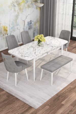 Monaa Serisi Beyaz Mermer 80x132 Açılabilir Benchli Mdf Mutfak Masası Takımı Kafesli 4 Adet Sandalye