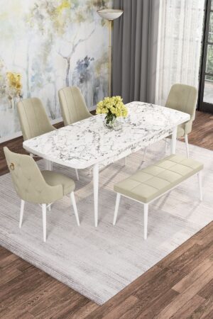 Monaa Serisi Beyaz Mermer 80x132 Açılabilir Benchli Mdf Mutfak Masası Takımı Kafesli 4 Adet Sandalye