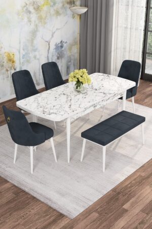 Monaa Serisi Beyaz Mermer 80x132 Açılabilir Benchli Mdf Mutfak Masası Takımı Kafesli 4 Adet Sandalye
