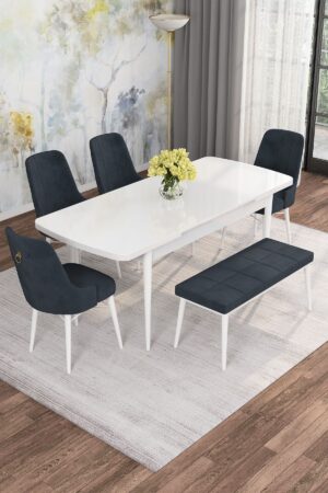 Monaa Serisi Beyaz 80x132 Açılabilir Benchli Suntalam Mutfak Masası Takımı 4 Adet Sandalye